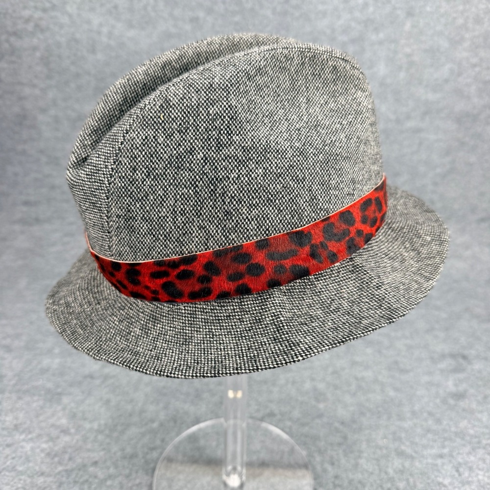 Etro Milano Women's Fedora Hat Gray Red Leopard Trim Wool Blend Size M Italy